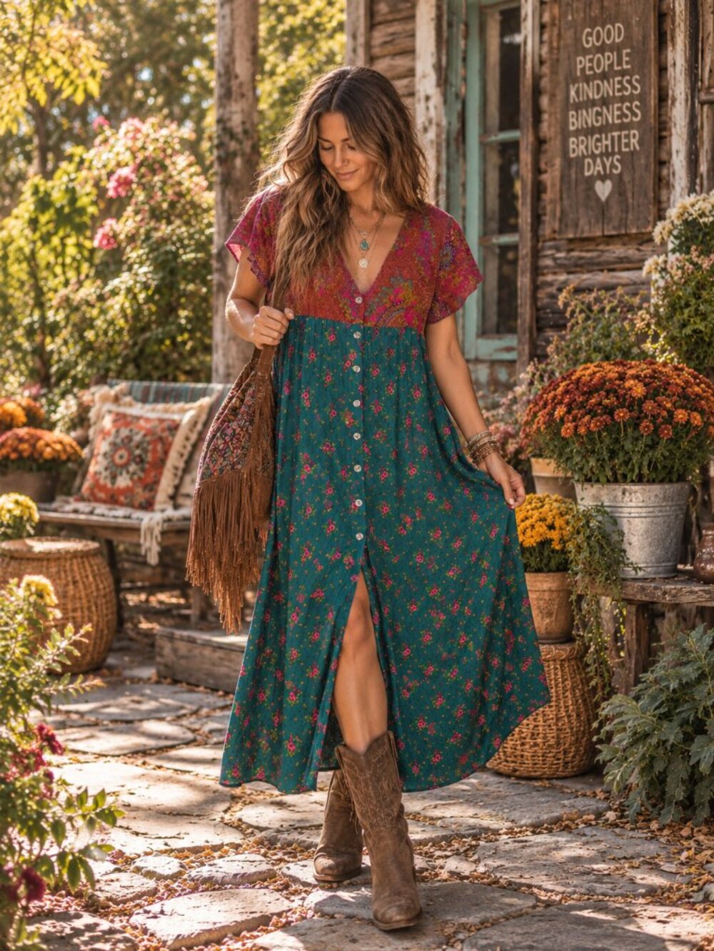Natural Life 100% Cotton Corduroy Floral Boho Midi Dress